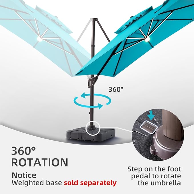 9 X 12 FT Cantilever Patio Umbrella with Led Lights Heavy Duty Outdoor Double Top Large Rectangle Offset Umbrellas with 360-degree Rotation for Garden Pool Deck Backyard, Turquoise