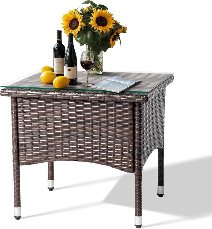 HOMSUPPLIE'S Outdoor Side Table, Patio Wicker End Table with Tempered Glass Top, Rattan Coffee Table for Balcony, Porch, Deck & Poolside, All-Weather(Brown,Tempered Glass sty.1)