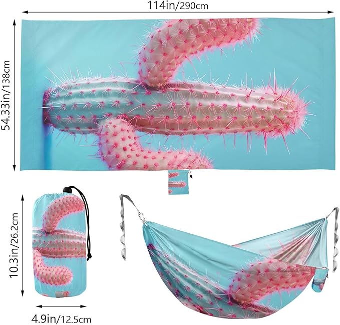 FRMG Pink Cactus Camping Hammock 500 lbs Capacity Portable Hammocks with Tree Straps & Attached Carry Bag, Camping Essentials Gear A0900520a