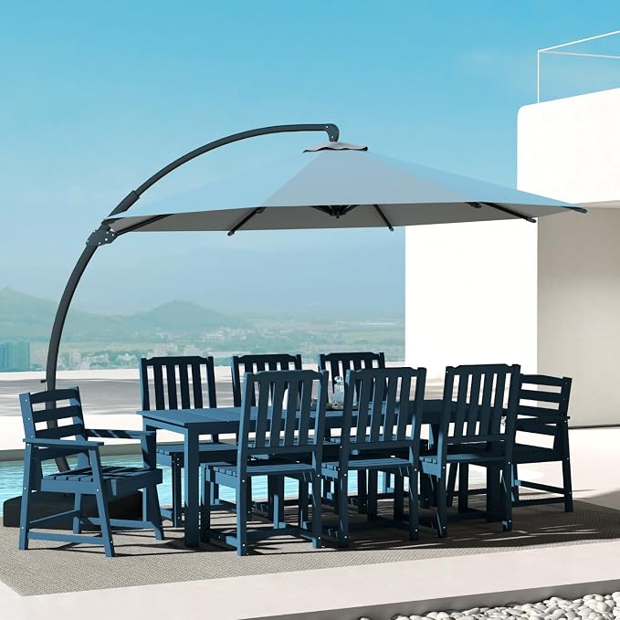 9-Piece HDPE Patio Dining Set for 8, 75.2" Table,Navy Blue | HDPE material, umbrella hole design, weather-resistant patio furniture, perfect for yard, lawn, garden, balcony, deck