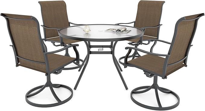Anmutig 5 Piece Patio Table and Chairs Set with Outdoor 40 inch Glass Round Table, Brown Yellow Swivel Rocking Chairs Set - Style1