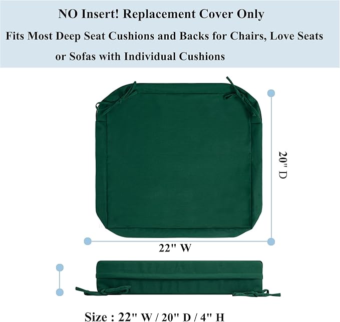 FUNHOME Outdoor Chair Cushion Covers 2 Pack, No Insert! Patio Cushion Covers Replacement 22" x 20" x 4", Water Resistant Patio Chair Cushion Slipcovers, Green(Covers ONLY)