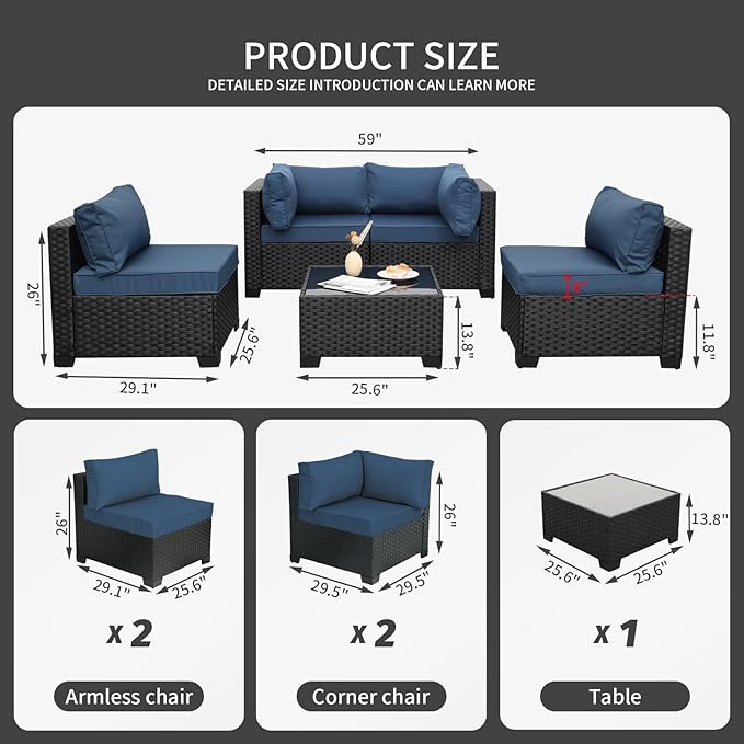 WAROOM Outdoor 5 Piece Patio Furniture Set, Black Rattan Conversation Couch Resin Wicker Sectional Sofa Outside Chair with Coffee Table, Navy Blue Cushion