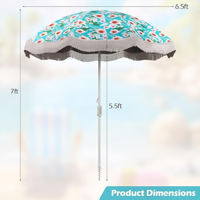 6.5 FT Outdoor Fringe Umbrella, UV 50+ Protection Boho Umbrella with Sand Anchor, Tilt Sun Shelter& 8 Ribs, Portable Beach Umbrella with Carry Bag, Vintage Patio Umbrella for Deck Poolside