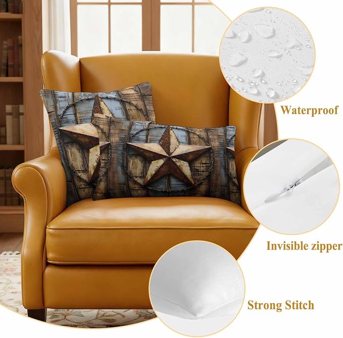 Rustic Star Brown Waterproof Outdoor Pillow Covers Set of 2 Home Decor, Vintage Farmhouse Wooden Grain Art Pillowcase Patio Pillow Covers for Couch Bench Furniture Garden 26x26in