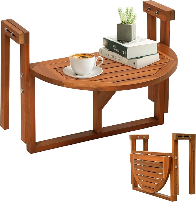 VINGLI 22in Acacia Wood Folding Balcony Hanging Table – Adjustable Height & Width, Balcony Railing Table Ideal for Different Railing Widths,Perfect for Balcony,Patio,Semicircular,Natural Wood Color