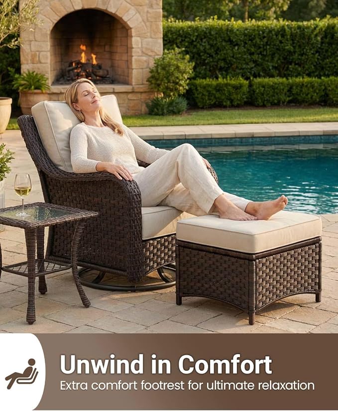 10 Pieces Outdoor Furniture Set with 6-inch Cushions, High Back Wicker Swivel Rocker Chairs with Fire Pit Table, Luxury Conversation Set for Deck Patio and Poolside