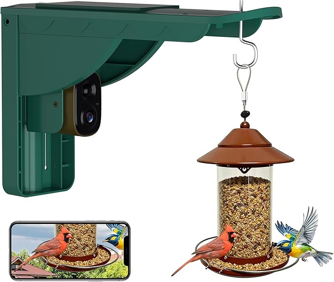 Bird Watching Camera with Solar & Roof, AI Identify, 2K HD Live View & Instant Notifications, Compatible with Any Birds Feeder - Ideal Gift for Bird Lover, with SD Card, Without Feeder