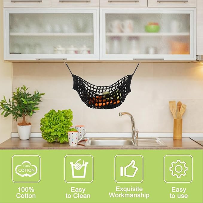 Fruit Vegetable Hammock, 1 Set Black Handmade Macrame Fruit Hammock with Hooks Cotton Fruit Holder Net Under Cabinet Hanging Fruit & Veggie Basket for Saving Kitchen Space