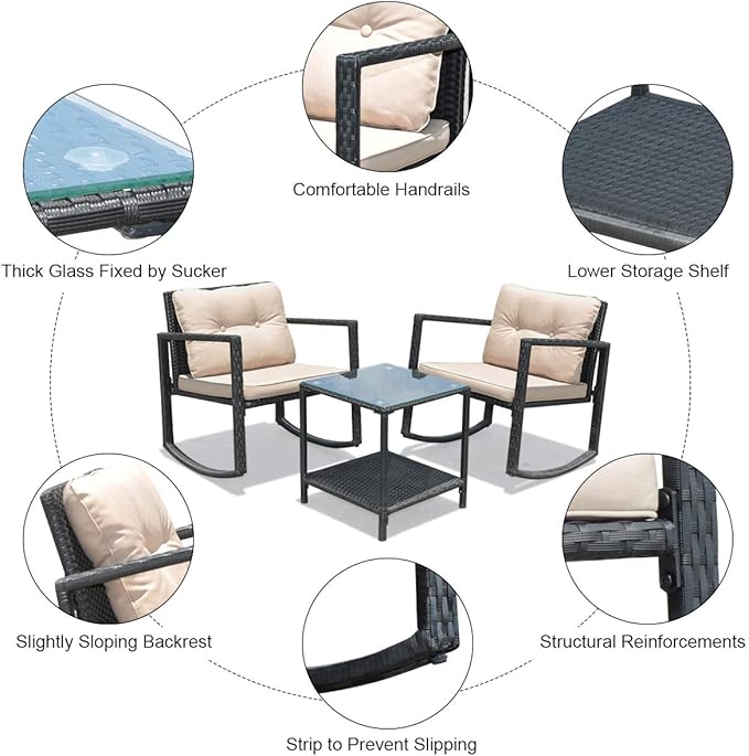 Tangkula 3 Pieces Patio Wicker Rocking Set, Outdoor Rocking Chairs and Table Set with Cushions, Glass Coffee Table with Storage Shelf, Suitable for Patio, Garden, Poolside, Balcony (Beige)