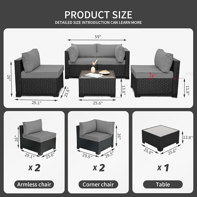 WAROOM Outdoor 5 Piece Patio Furniture Set, Black Rattan Conversation Couch Resin Wicker Sectional Sofa Outside Chair with Coffee Table, Grey Cushion