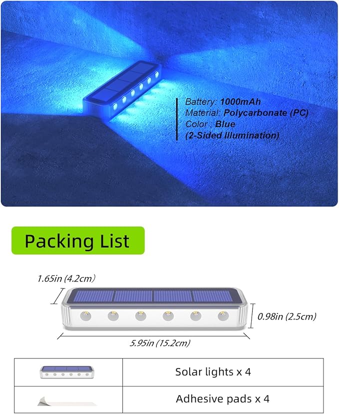 DetarZinLED Blue Solar Lights for Outside 4 Pack, 12 LEDs 2-Sided Illumination Solar Dock Lights Outdoor IP68 Waterproof, Auto On/Off Solar Deck Lights for Steps,Stairs,Driveway,Pathway,Sidewalk,Porch