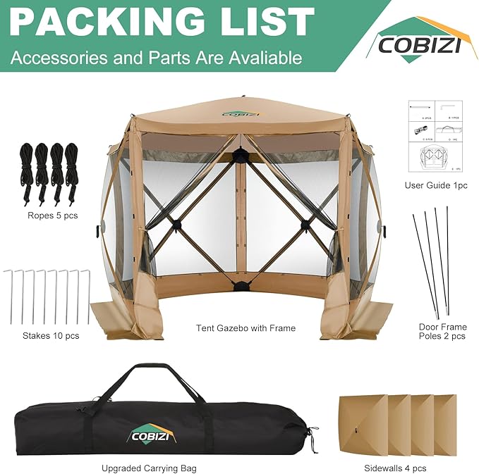 COBIZI 10x10 FT Pop up Gazebo, Popup Canopy tent,Screened In Gazebos with sidewalls, Waterproof Portable Outdoor Small Screen tents Sun Shelter,carpas para patio for Camping, Garden and Backyard,Khaki