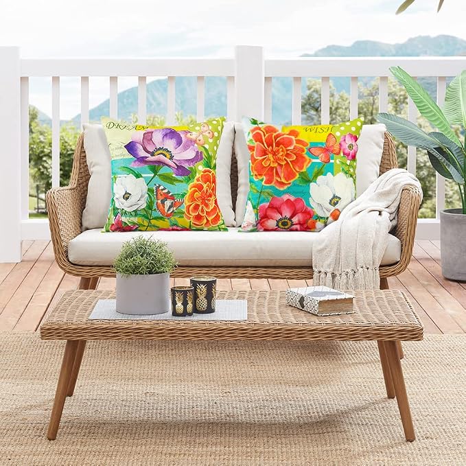 Artscope Set of 4 Waterproof Throw Pillow Covers 18x18 Inches, Vintage - Flowers and Butterflies Pattern Decorative Cushion Covers, Perfect to Outdoor Patio Garden Living Room Sofa Farmhouse Decor