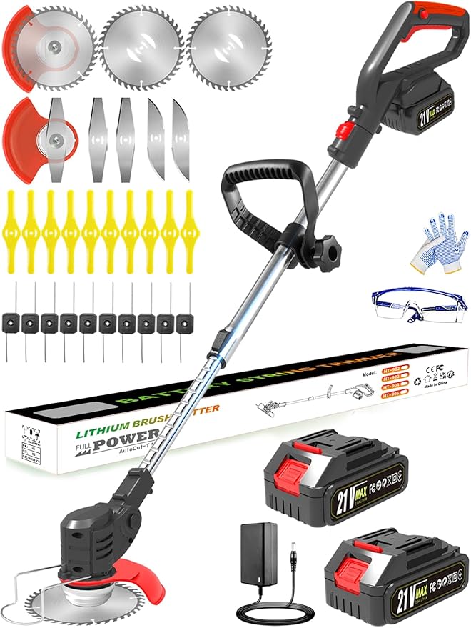 Cordless Weed Wacker, 21V Battery Powered Weed Eater with 2X 2.0Ah Batteries and Charger, Metal Blade Electric Weed Wacke, 3-in-1 Stringless Grass Trimmer Lawn Edger Brush Cutter for Garden Yard