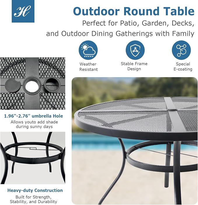 5 Piece Patio Dining Set for 4, 42” Black Round Table with Umbrella Hole and 4 Dark Blue Patio Stackable Chairs, Patio Table and Chairs for Backyard, Lawn, Deck & Garden