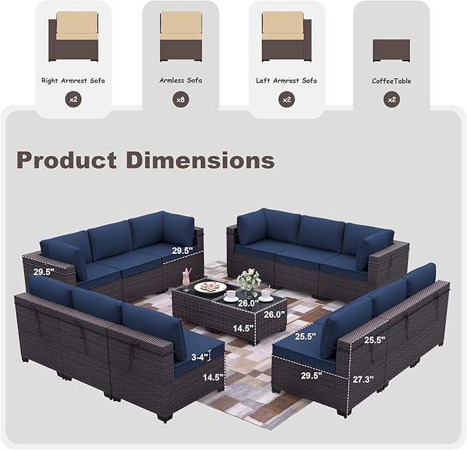 Patio Furniture Set 14-Piece Outdoor Furniture for Backyard Wicker Sectional Sofa Set, PE Rattan Patio Conversation Set 12 Seat with 4 Inch Thickened Cushions and Glass Coffee Tables, Navy Blue