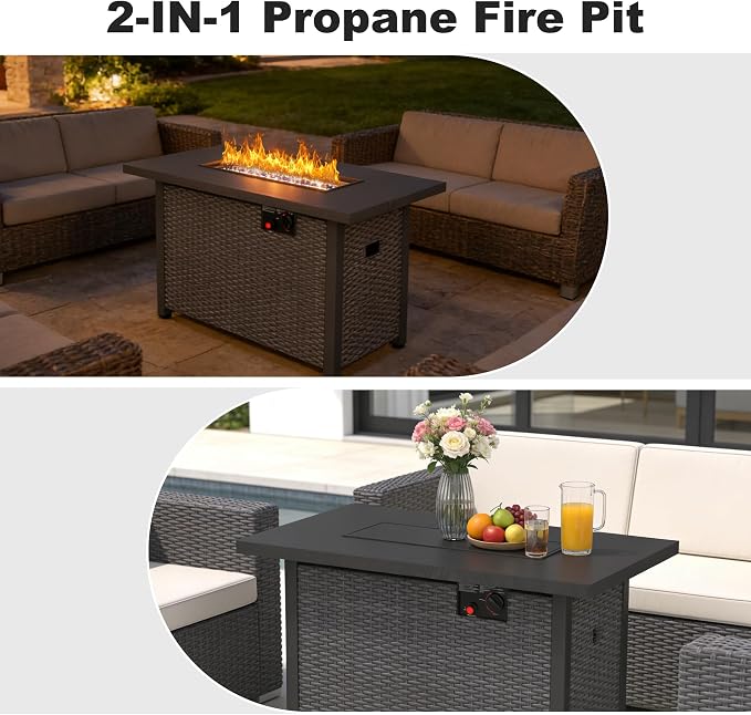 Patio Furniture Set w/ Fire Pit Table, 6PCS Outdoor Conversation Sets Waterproof Rattan Sectional Sofa with 4” Thickened Cushion Modular Wicker Patio Furniture Set with Glass Top Table (Navy Blue)