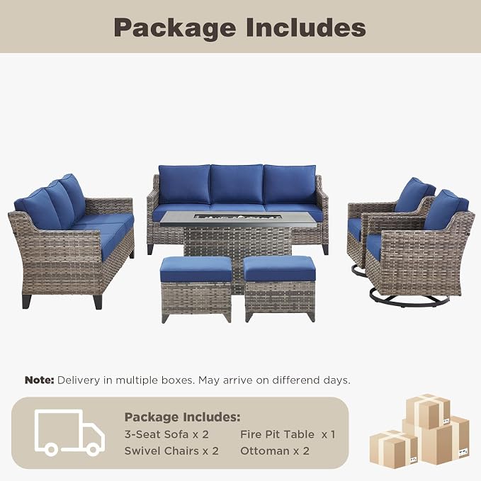 Belord Patio Wicker Swivel Rocker Patio Chairs with 3-Seater Sofa and Propane Fire Pit Table, Outdoor Furniture Set for Deck Porch Poolside, 7 Piece Patio Conversation Furniture Set,Blue