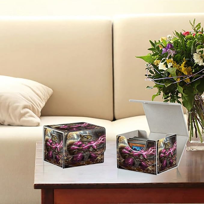 Card Deck Box for MTG, Cards Storage Box Fits 120+ Sleeved, Leather Small Size Strong Magnetic Closing Card Case for Board Games Magic TCG CCG Baseball Collection, Purple Lightning Squirrel