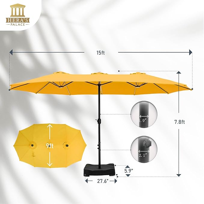HERA'S PALACE Umbrella Patio Outdoor with Base 15ft Rectangle Table Double Market Umbrellas Clearance Large Included Stand for Deck Outside Pool Picnic Inground Yard Commercial (Gold Yellow)