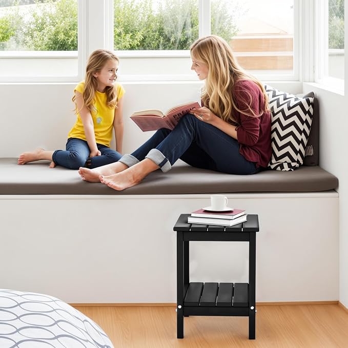 IVY&LANE Adirondack Outdoor Side Tables Set of 2 | HDPE Plastic | Patio End Table with Storage | 2-Shelf | Weather Resistant | Black | 14 x 13 Inches | for Outside Porch Backyard Indoor