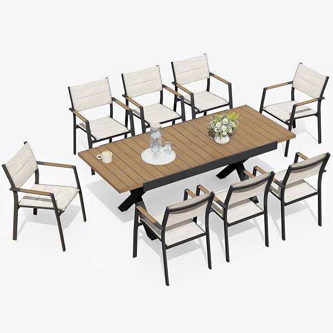 9-Piece Expandable Patio Dining Set, 8 Stackable Double-Layer Textilene Chairs and 63''-83'' Expandable Patio Dining Table, Never-Rust Aluminum Outdoor Dining Table Set for Deck, Indoor, Teak