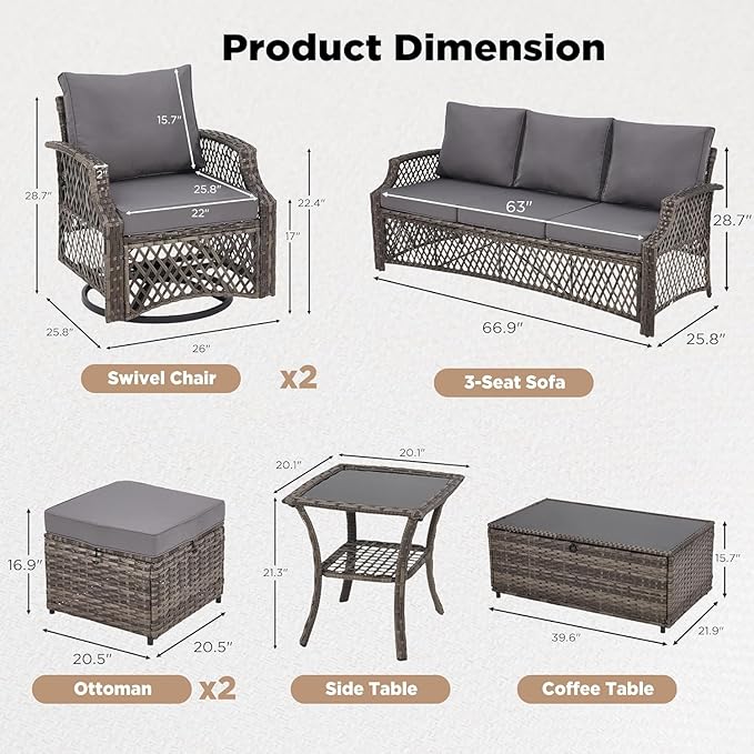 HOMREST 7 Piece Patio Furniture Set, Wicker Outdoor Conversation Set with Swivel Chairs, 2 Ottomans, Storage Coffee Table, Rattan Outdoor Sectional Sofa for Deck Backyard Porch 7 Seats Gray