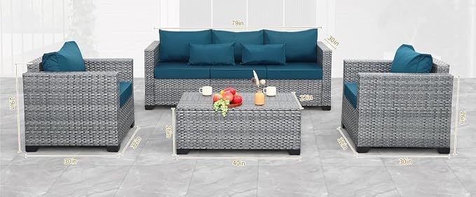 4 Piece PE Rattan Sectional Sofa Couch Peacock Blue Outdoor Conversation Set Wicker Patio Furniture Sets with Storage Table and Comfortable Cushions