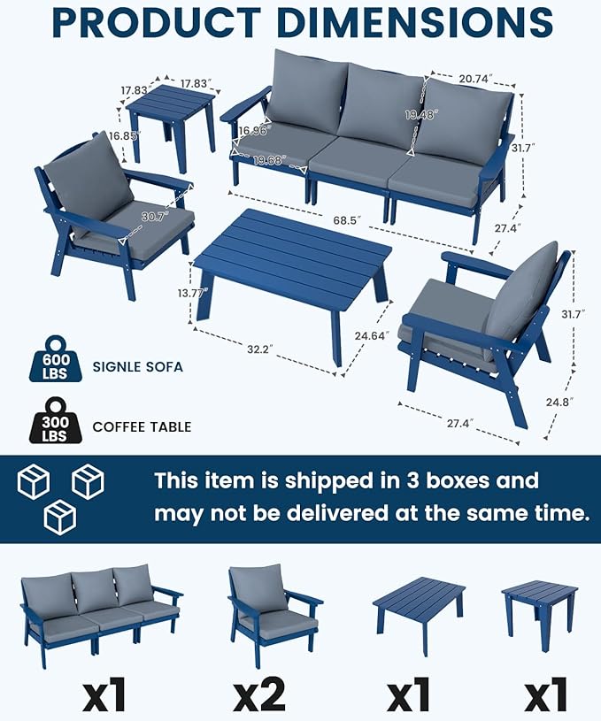FOOWIN 7-Piece Patio Furniture Set, HDPE All-Weather Outdoor Conversation Set with Thick Cushions, Sectional Patio Sofa Furniture for Deck, Porch, Lawn, Garden, Navy Blue Frame & Grey Cushion