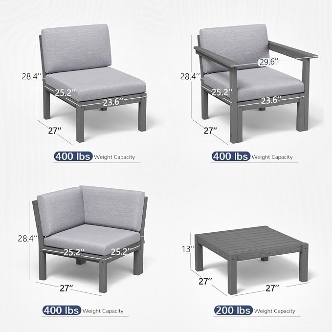 Stoog 11-Piece Patio Furniture Set, All-Weather Outdoor Sectional Sofa Set - Modular & Waterproof HIPS Frame, Quick-Dry Olefin Cushions, Grey