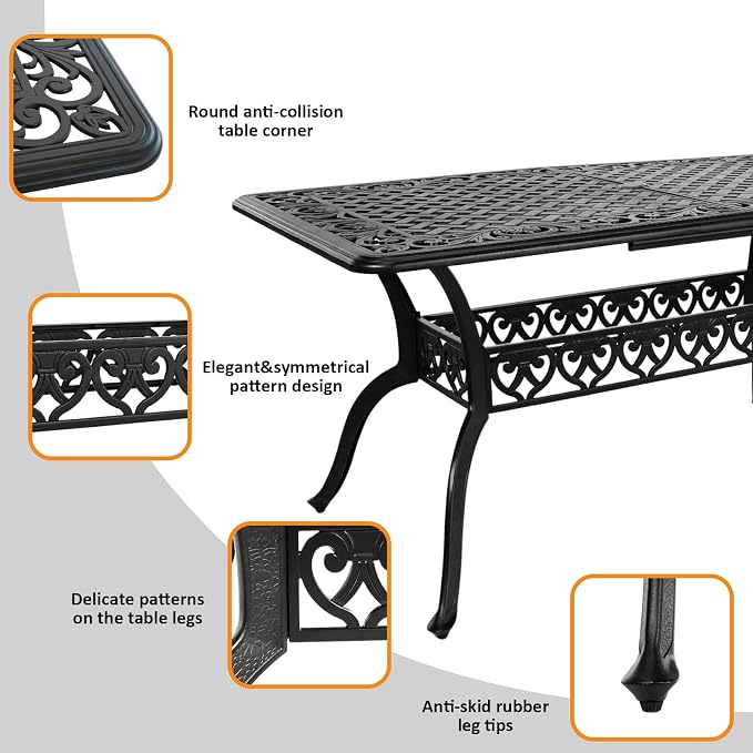 Patio Dining Table, Rectangular Outdoor Dining Table, 59" x 28.7" Rectangle Cast Aluminum Patio Table with Umbrella Hole for Backyards, Porch, Garden or Poolside