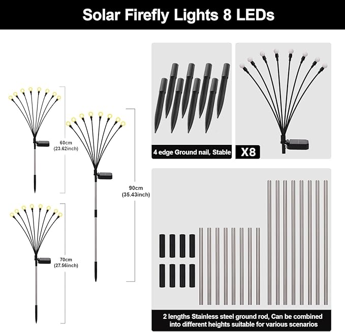 Solar Firefly Lights Outdoor, 8 Modes 800mAh Swaying Flashing Firefly Garden Lights Solar Powered Waterproof for Outside Yard Patio Pathway Lawn Christmas Garden Decor Warm White (8 Pack)