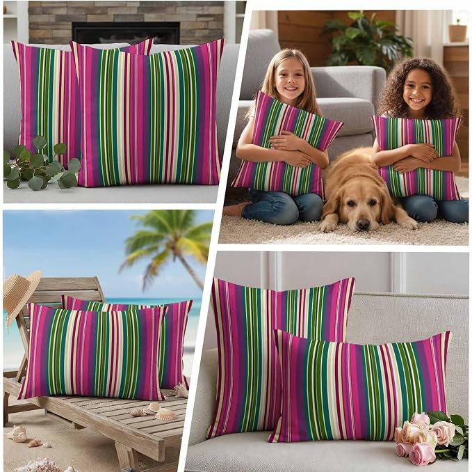 Outdoor Waterproof Throw Pillow Covers Set of 2 Pink Striped Pillowcases 18x18 Inches Geometric Green Stripes Decorative Pillows Cushion Case Patio Pillows for Couch Bed Chair Garden
