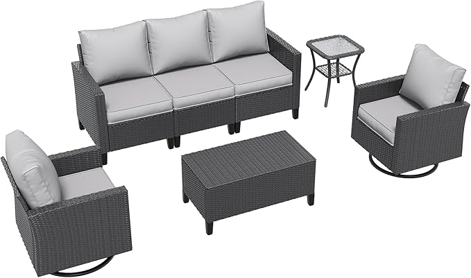 Amopatio Patio Furniture Set, 5-Piece Wicker Outdoor Sectional Sofa with Swivel Rocker Chairs, Rattan Conversation Set with Storage Coffee Table and Waterproof Cover for Backyard Black/Light Grey