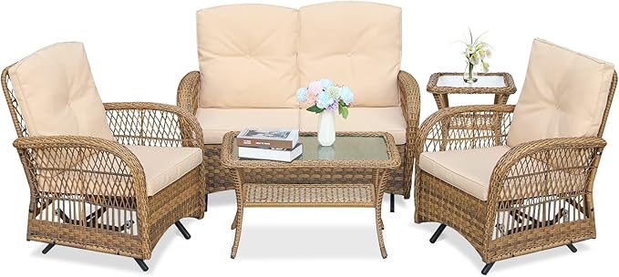 MEETWARM 5 Pieces Outdoor Wicker Patio Conversation Sets with Glider Loveseat, 2 Chairs with 2 Glass-Top Coffee Table Wicker Rocking Glider Set, Wicker Conversation Set with Thickened Cushions, Beige