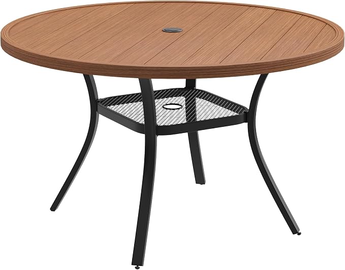 DIFY 48" Round Patio Dining Table for 6, All Weather Round Outdoor Metal Dining Table with 1.57" Umbrella Hole, Perfect for Backyard Lawn Garden, Walnut