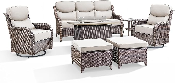 Luxury Patio Furniture Set with 6-inch Thick Cushion, Outdoor Furniture with Fire Pit Table, Swivel Chairs, Sofa, Side Table, Ottomans, 7pcs Wicker Conversation Set(Brown Wicker/Beige Cushion)