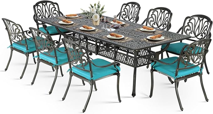 VIVIJASON 9-Piece Outdoor Dining Set, All Weather Cast Aluminum Retro Patio Furniture Table and Chairs Set for 8, Include 94.5" Rectangular Table and 8 Chairs with Umbrella Hole, Ocean Blue Cushion