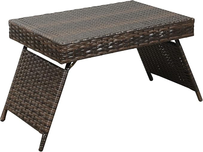 Portable Folding Wicker Table, Brown - Wood Lightweight & Outdoor Use Ready
