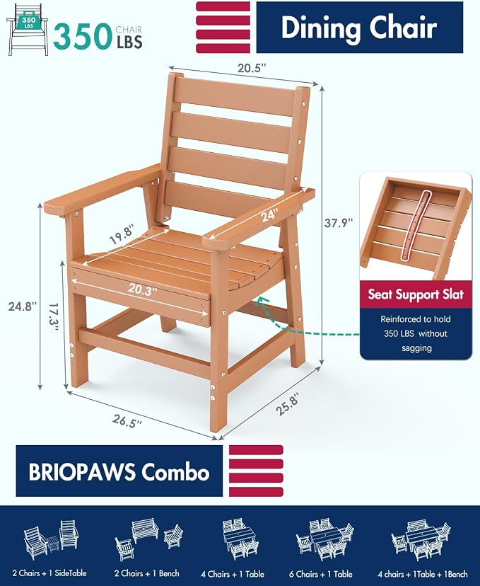 BRIOPAWS Outdoor-Dining-Chairs | Set of 2 | HDPE | Teak | Patio Chair with Arms | Modern | All Weather | Oversized & Comfortable | for Deck Backyard Poolside Porch