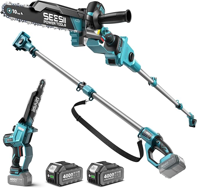SEESII 10-Inch 2-in-1 Cordless Pole Saw & Mini Chainsaw, 21V Battery Powered Brushless Electric Tree Trimmer with Extension Pole, 2×4000mAh Batteries, Automatic Oiling,Handheld Pruner