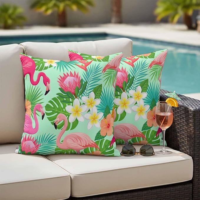 Pink Flamingos Outdoor Pillow Covers 20"x20" Set of 2, Tropical Palm Leaf Hibiscus Flower Green Plant Waterproof Throw Pillow Covers for Patio Furniture, Decorative Cushion Covers for Porch