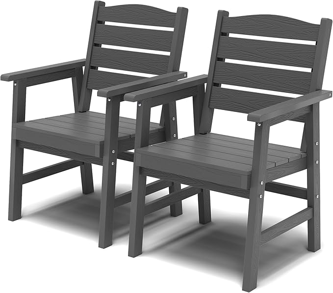 YEFU HIPS Outdoor Chairs Set of 2: All-Weather Outdoor Dining Chairs with Wide Seat and Armrests - Heavy-Duty Patio Dining Chair Low Maintenance Modern Outside Furniture for Deck/Backyard/Pool Grey