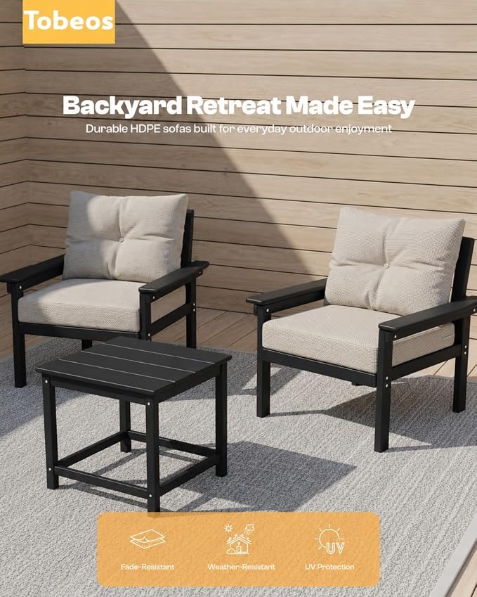 HDPE 10 Piece Outdoor Patio Furniture Set, All-Weather Outdoor Couch Set with Thick Cushions & Coffee Table, Patio Conversation Sets for Lawn, Garden, Porch, Balcony, Deck, Poolside, Black Beige