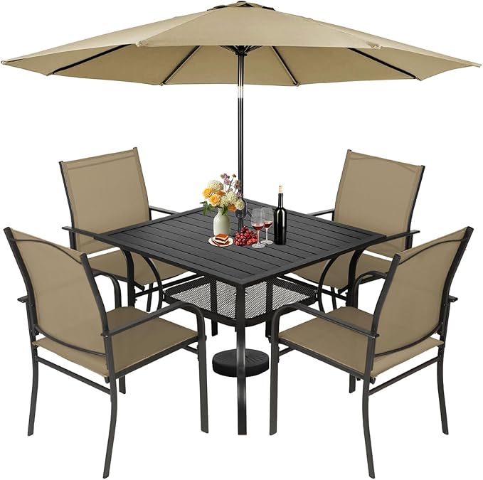 Incbruce 6-Piece Patio Furniture Set with Brown Umbrella, Patio Table and Chairs Set of 4 Textilene Chairs and Square Table with Umbrella Hole for Garden, Deck and Backyard (Brown)