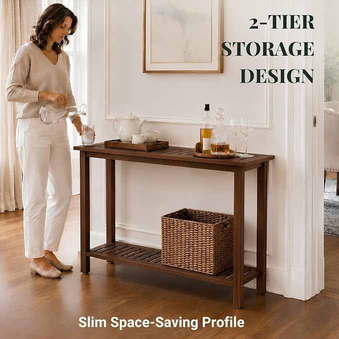 Premium 2-Tier Wooden Console Table with Storage Shelf Solid Eucalyptus Wood 48.03"x 16.14"x 31.1" Entryway Sofa Table for Hallway, Living Room (Brown)