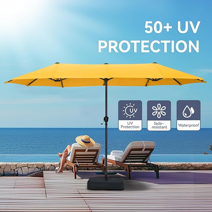 GREEN PARTY 13ft Rectangle Patio Umbrella, Double Sided Outdoor Table Umbrella with Crank & 1.5" Pole, Large Market Umbrella for Poolside Garden Deck Backyard, Gold Yellow