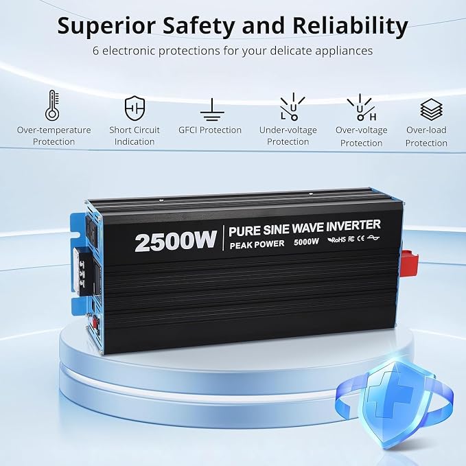 Power Inverter 2500 Watt Pure Sine Wave 12V DC to 110V/120V AC 5000W Peak Converter for Family RV Off Grid Solar System with 4 AC Outlets LCD Display Remote Control and 3.4A USB Charging Port