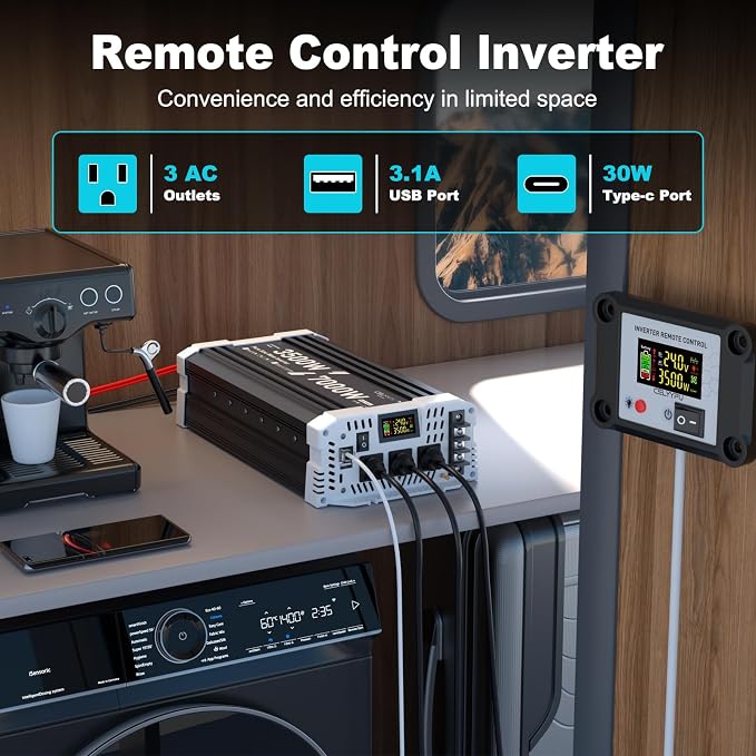 3500 watt Pure sine Wave Inverter, 24V DC to 110V AC Power Inverter, Used for Solar Emergency Power Supply in RV Homes, with 3 AC Output sockets, USB Port, Type-C Port, Remote Control with LCD Screen